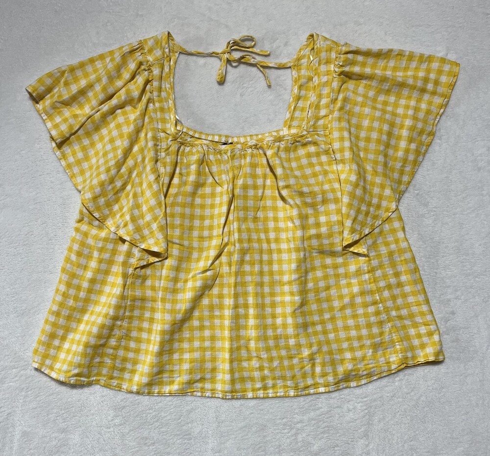 Old Navy Blouse Womens 2X Yellow White Gingham Linen Blend Flutter Sleeve Top